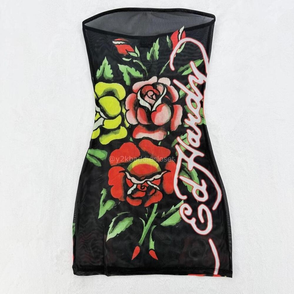 Ed Hardy Black Mesh Mini Dress with Red, Yellow & Green Floral Print